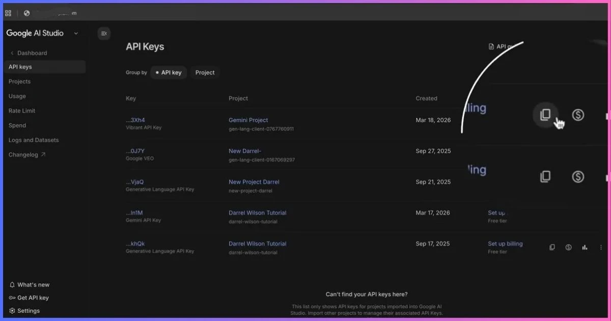 Google AI Studio API keys page for Gemini API key management