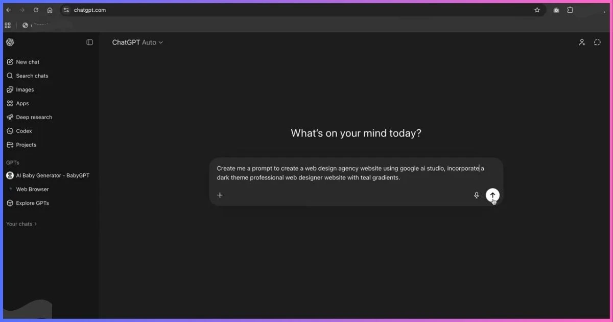 Google AI Studio Build mode prompt screen for creating a website