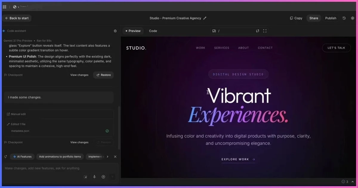 Generated website preview inside Google AI Studio