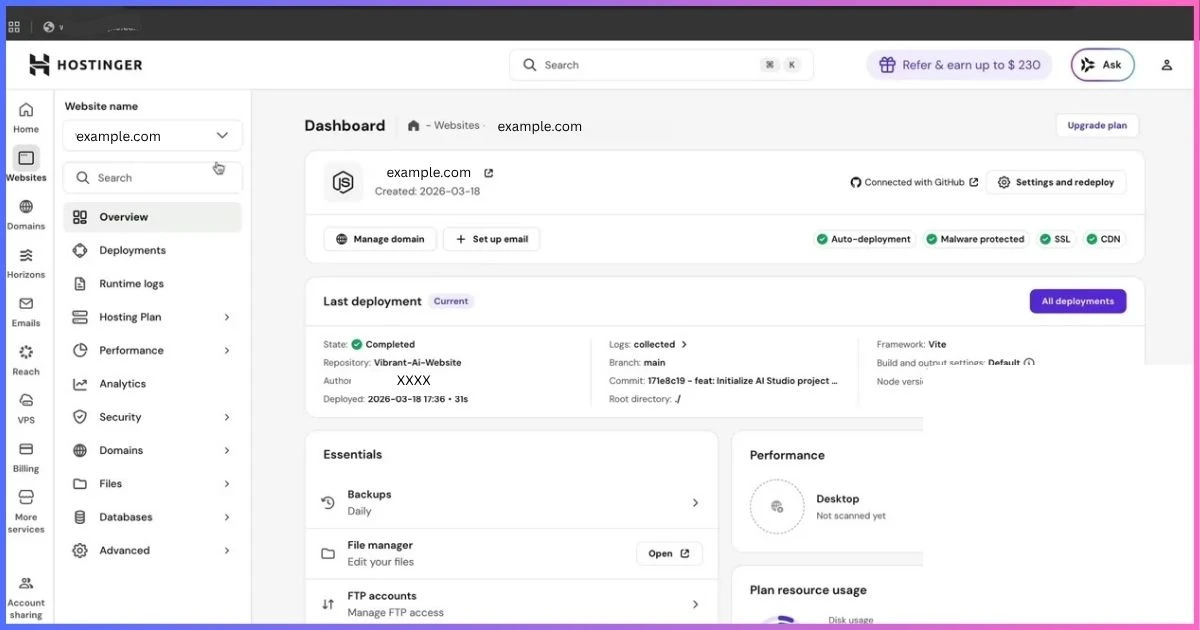 Hosting dashboard showing deployed website status and performance checks