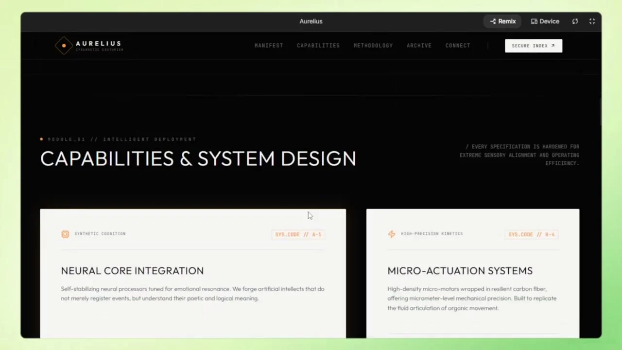 Futuristic AI-generated website preview in Google AI Studio