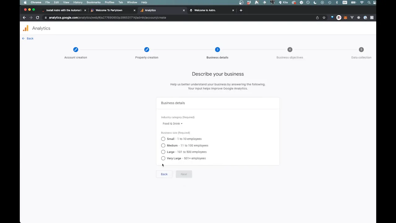 Google Analytics setup page for selecting business objectives