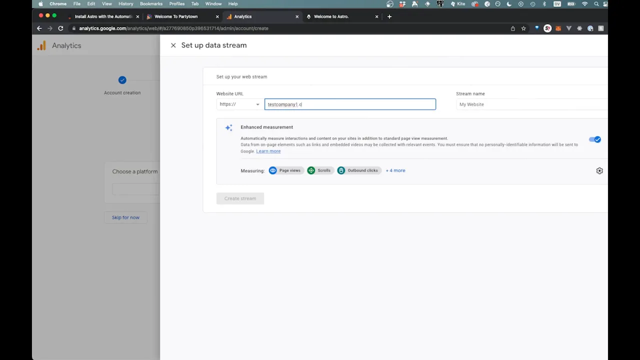 Google Analytics web data stream setup with website URL and stream name fields