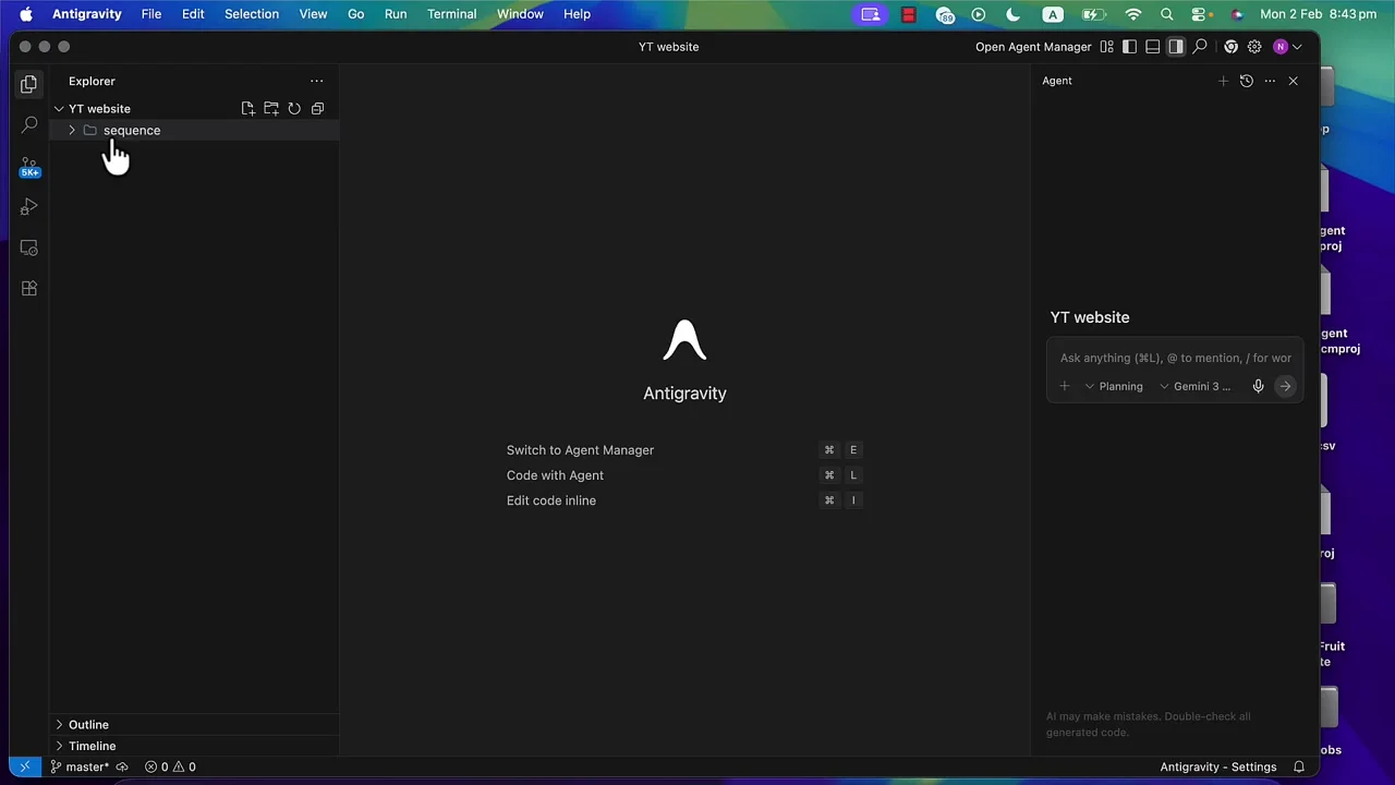 Google Antigravity project workspace opened for an animated website build