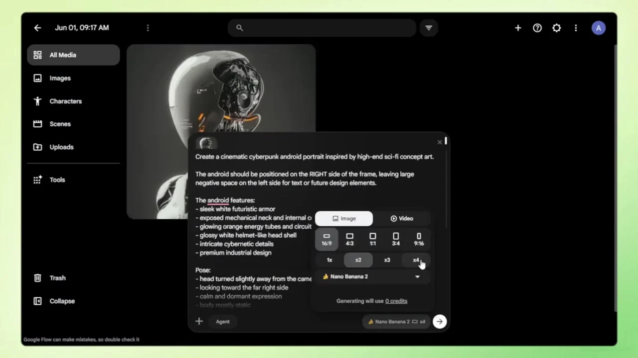 Google Flow prompt for a cinematic cyberpunk android website hero