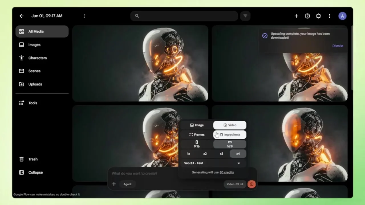 Google Flow Veo video generation for a futuristic robot website