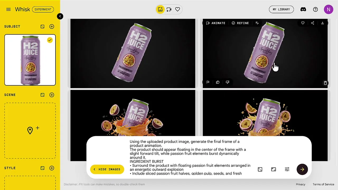 Google Whisk generating product images for an animated Antigravity website