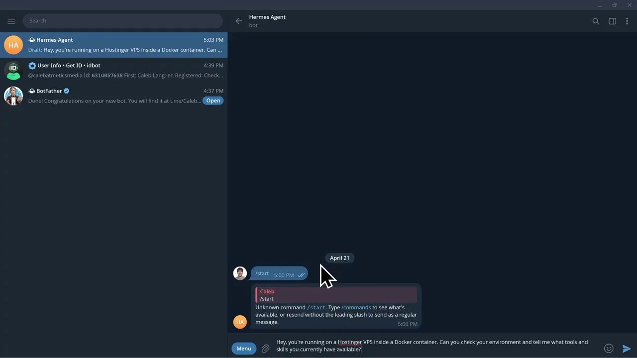 Hermes Agent responding successfully through a private Telegram bot chat