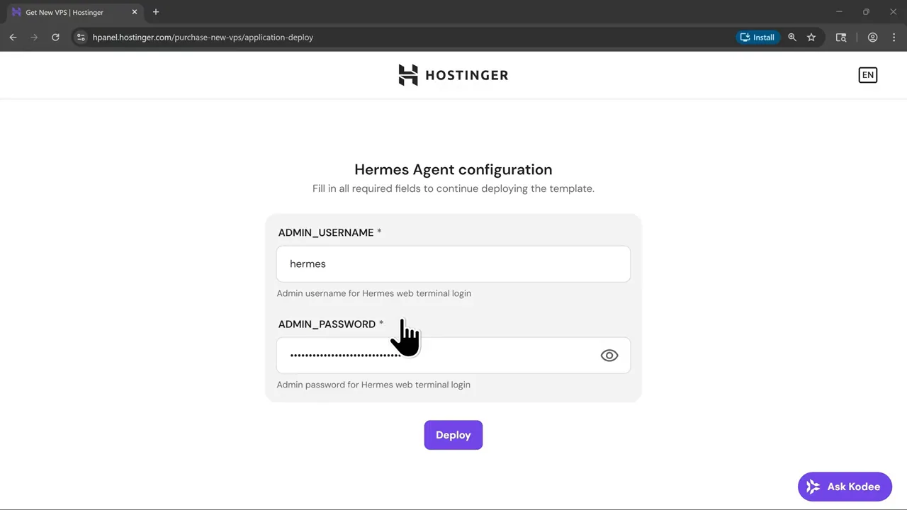 Hostinger Hermes Agent VPS configuration screen with administrator username and password fields