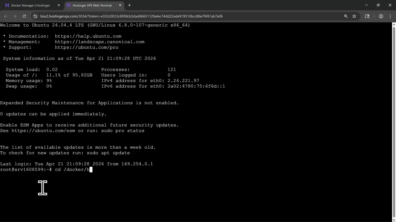 Hostinger VPS web terminal used to open the Hermes Agent Docker project
