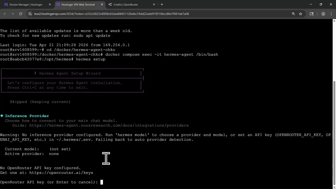 Hermes Agent setup wizard showing model provider options in the terminal