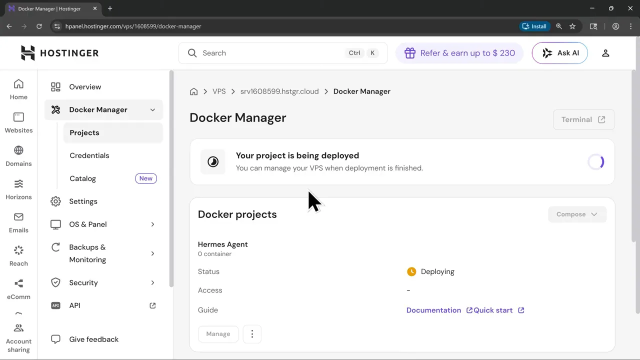 Hostinger Docker Manager deploying the Hermes Agent project