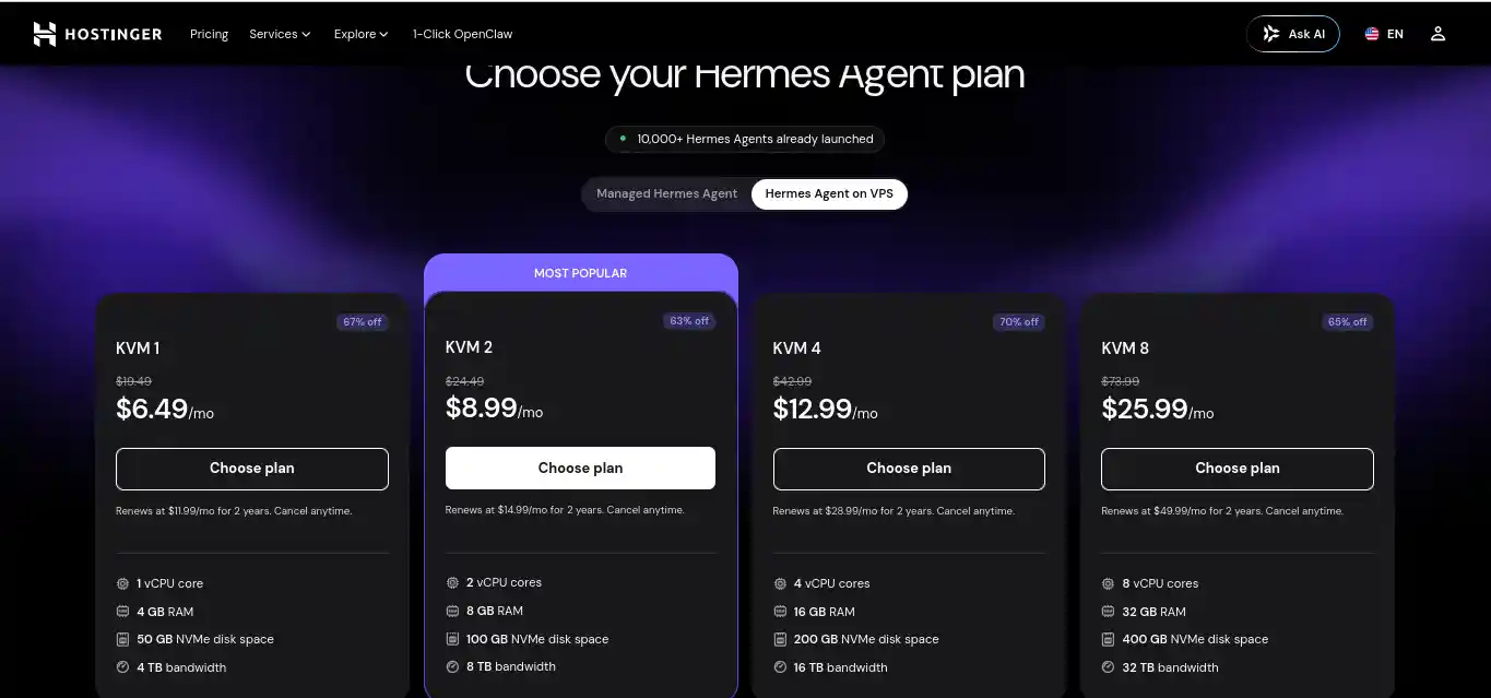 Hostinger Hermes Agent one-click VPS hosting template page