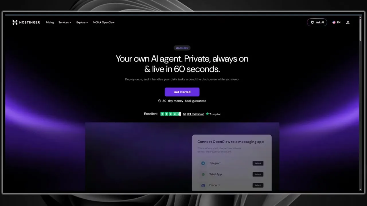 Hostinger one-click OpenClaw landing page showing a private always-on AI agent