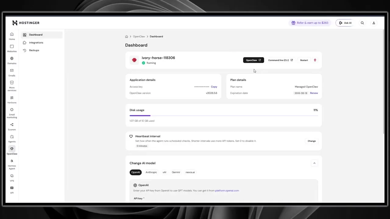 Hostinger dashboard for managed OpenClaw showing status, access key, plan details, disk usage, and model selection