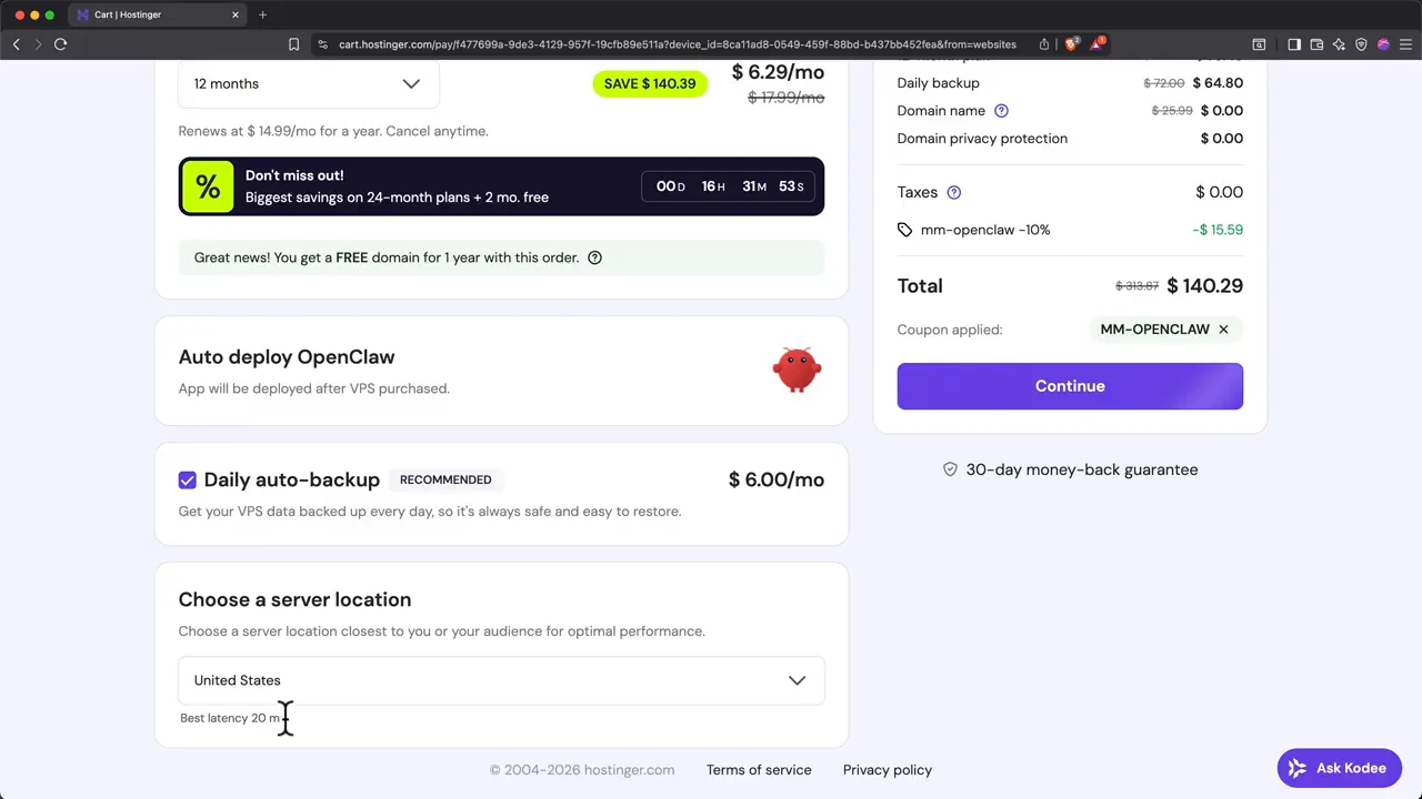 Hostinger VPS cart with automatic OpenClaw deployment and server location selection