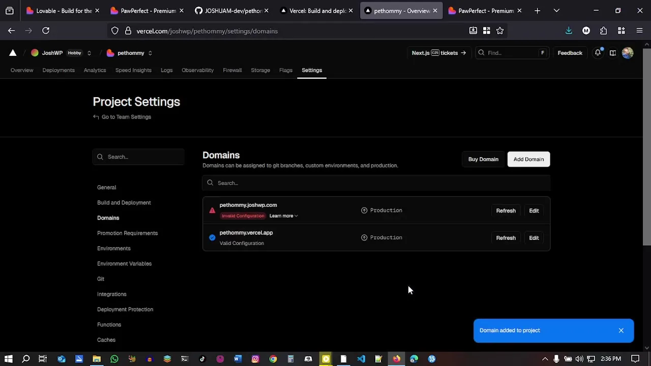 Add domain modal in Lovable AI project settings