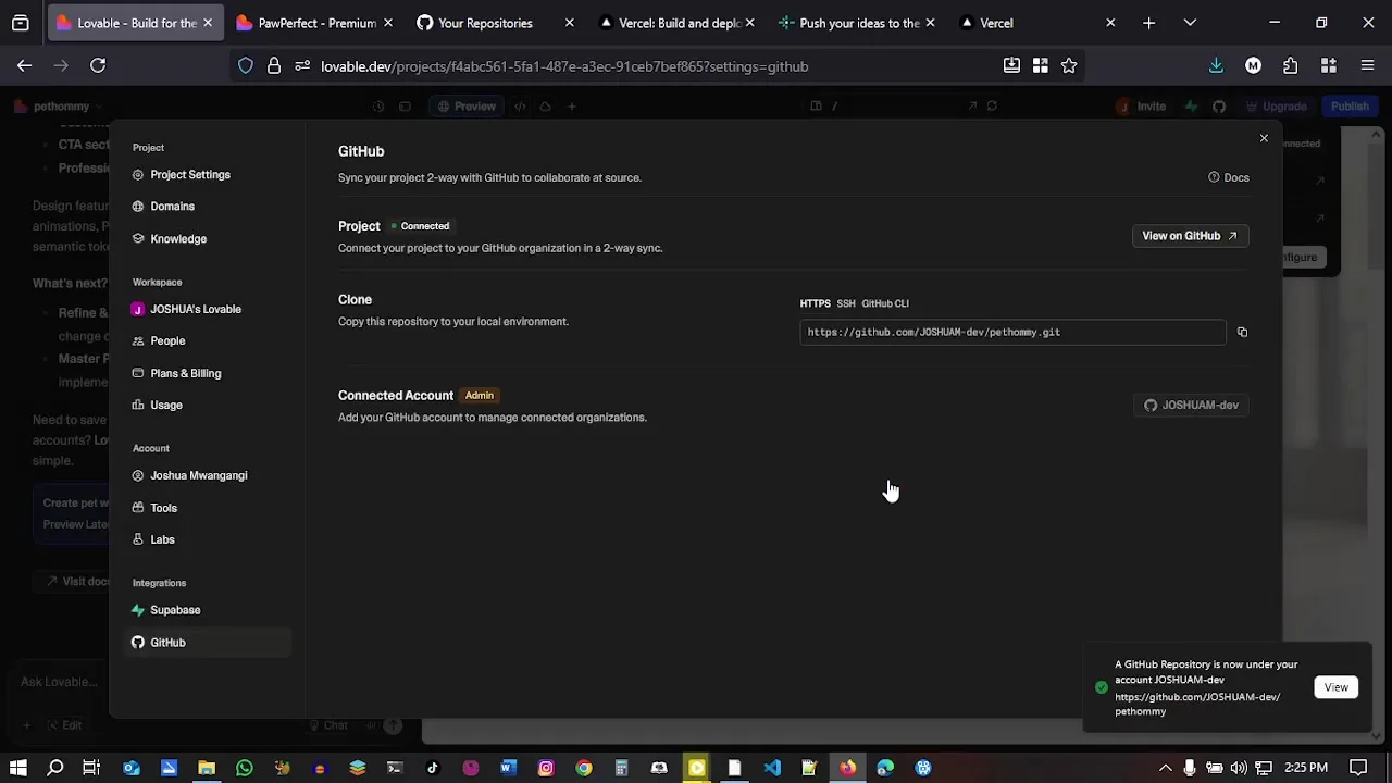 Lovable GitHub integration settings showing a connected repository