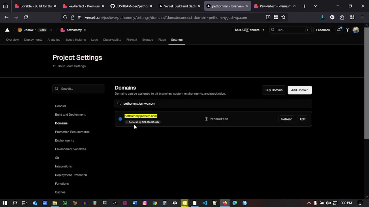 Lovable project settings showing domain management for a published website