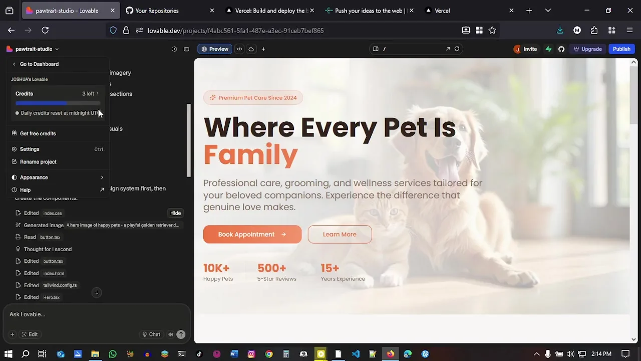 Generated Lovable AI website sections for a pet-care homepage