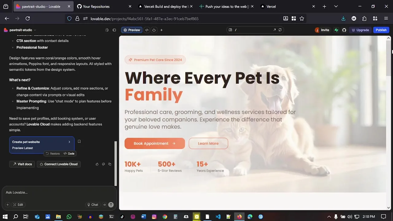 Using Lovable visual edits to refine a generated website hero section