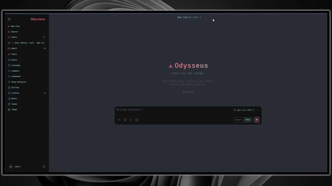 Odysseus self-hosted AI workspace showing chat, tools, email, calendar, compare, cookbook, deep research, notes, and tasks