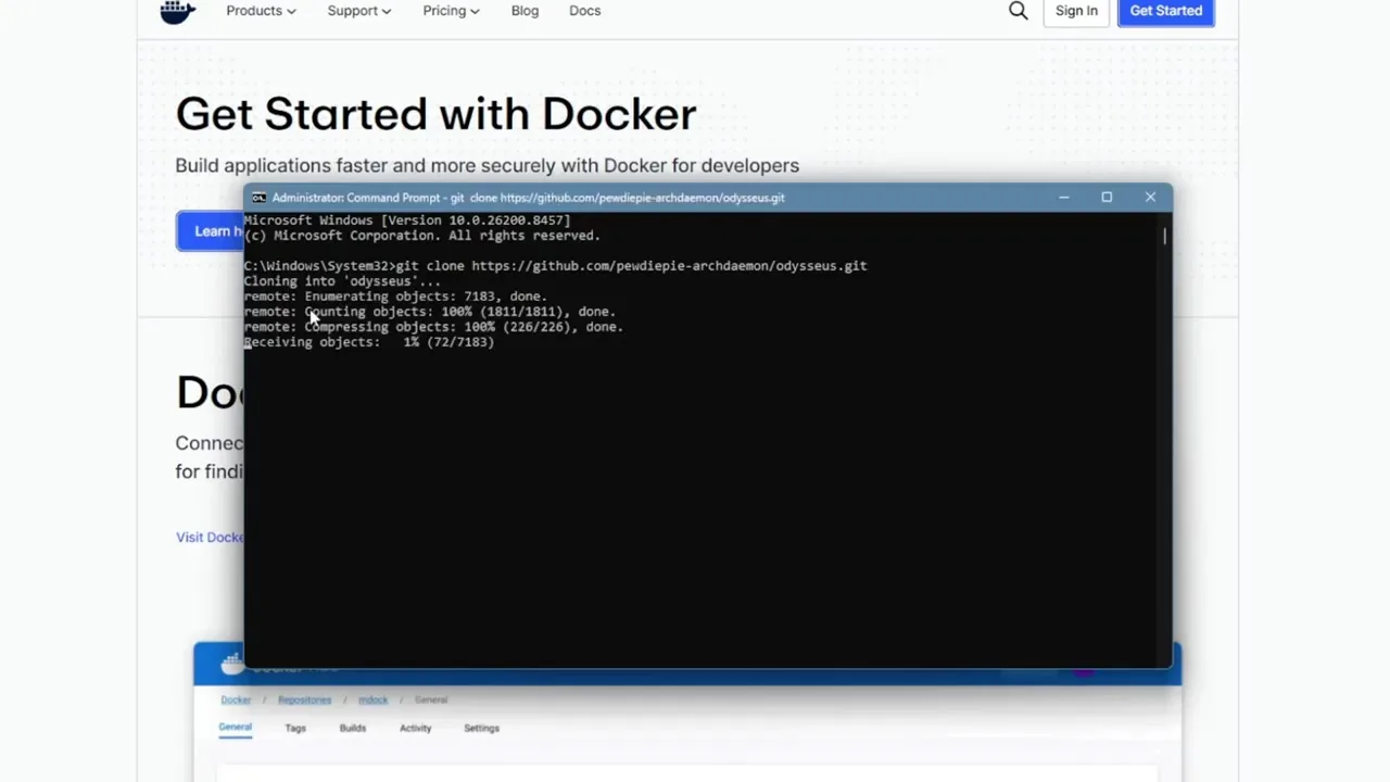 Command prompt cloning the Odysseus GitHub repository while Docker documentation is open in the browser