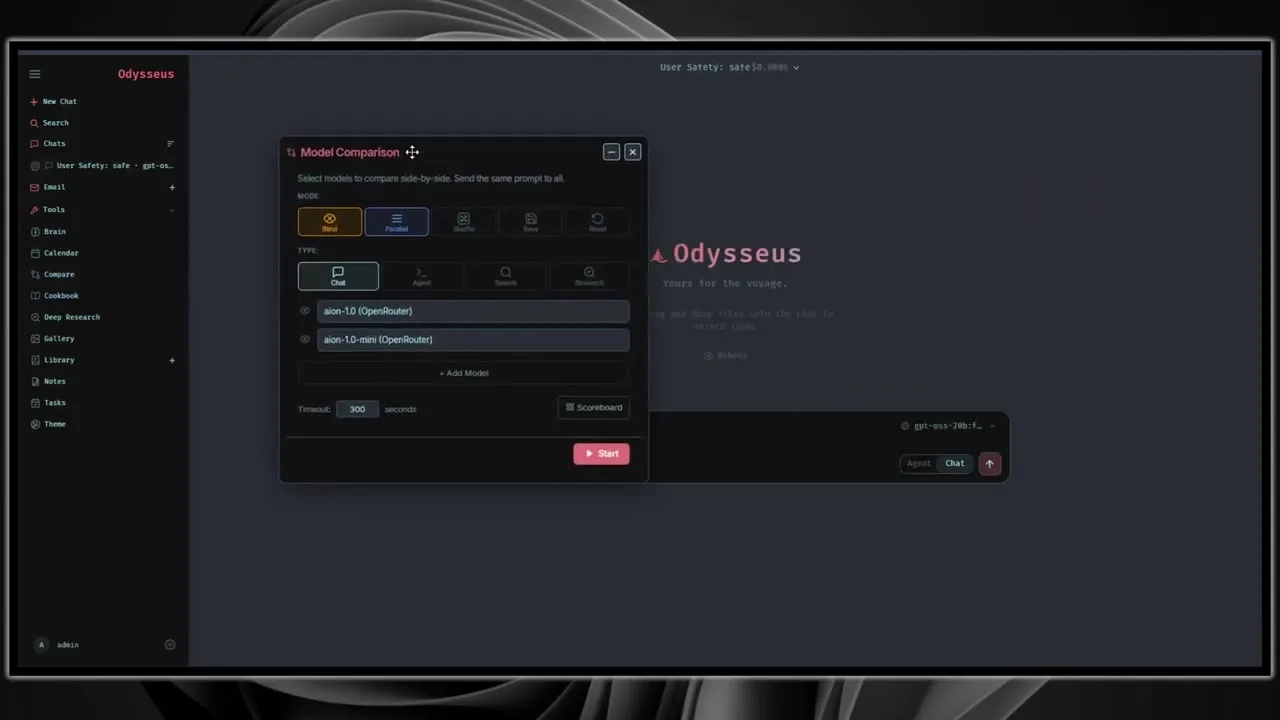 Odysseus model comparison modal with side by side model testing options