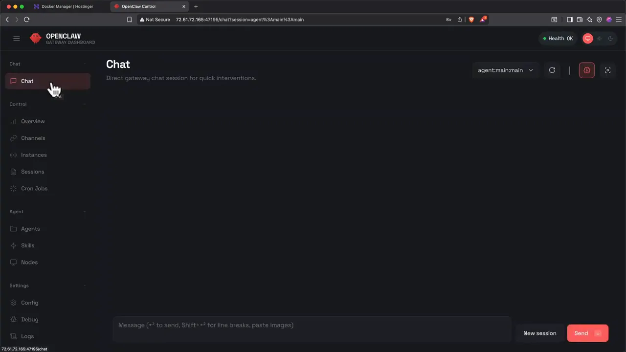 OpenClaw Control UI chat page running on a Hostinger VPS