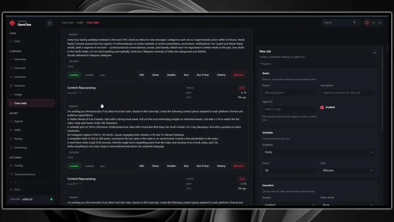 OpenClaw Control UI showing cron jobs for inbox checks and content repurposing