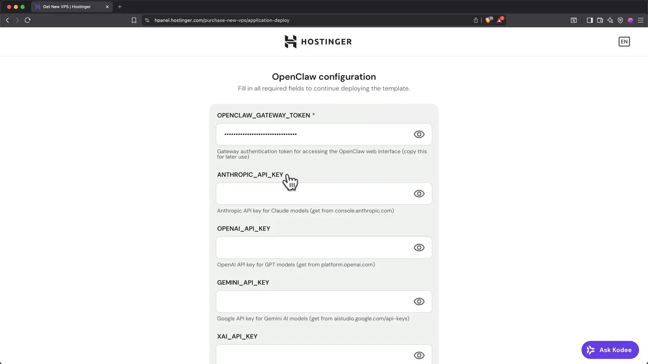 Hostinger OpenClaw configuration form with gateway token and AI provider API key fields
