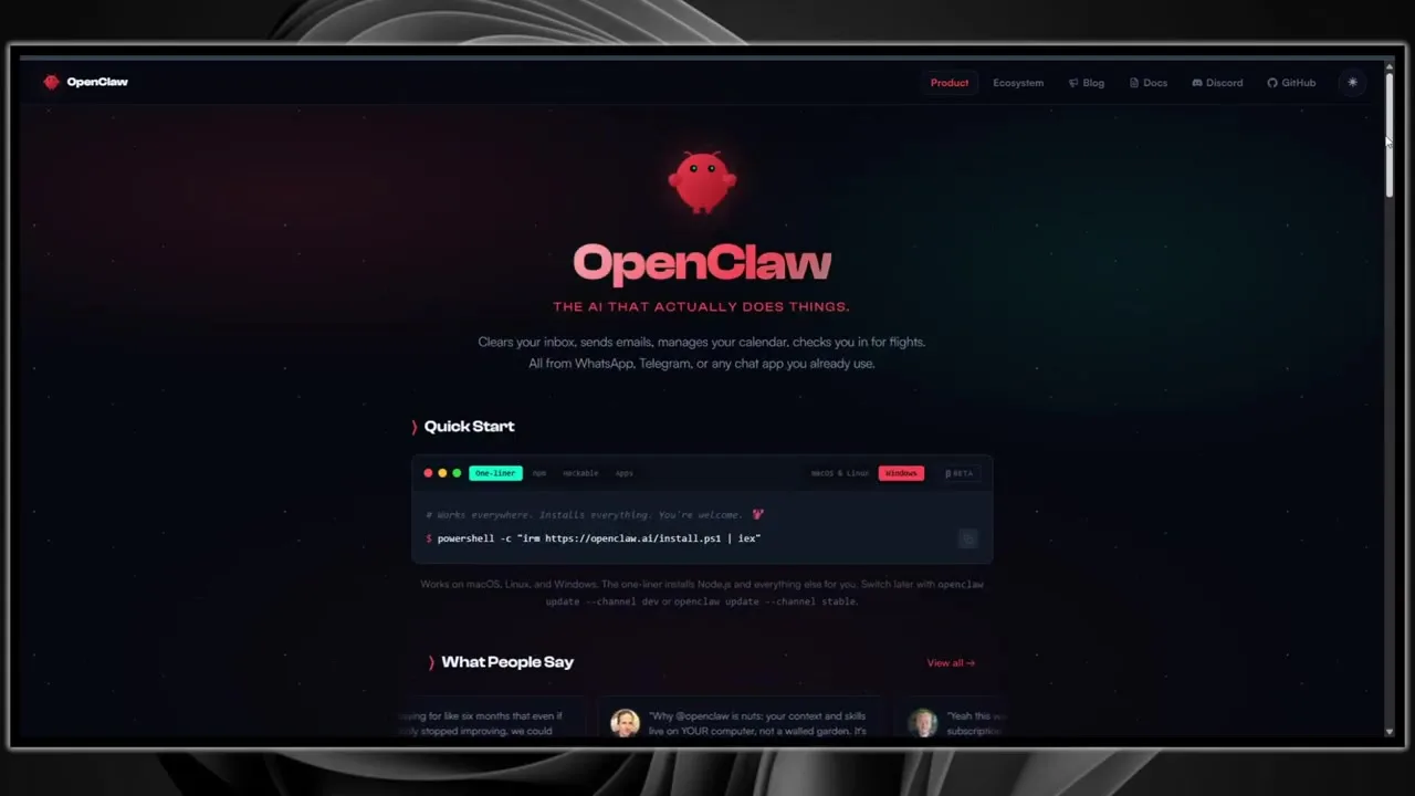 OpenClaw homepage with quick start command and product navigation