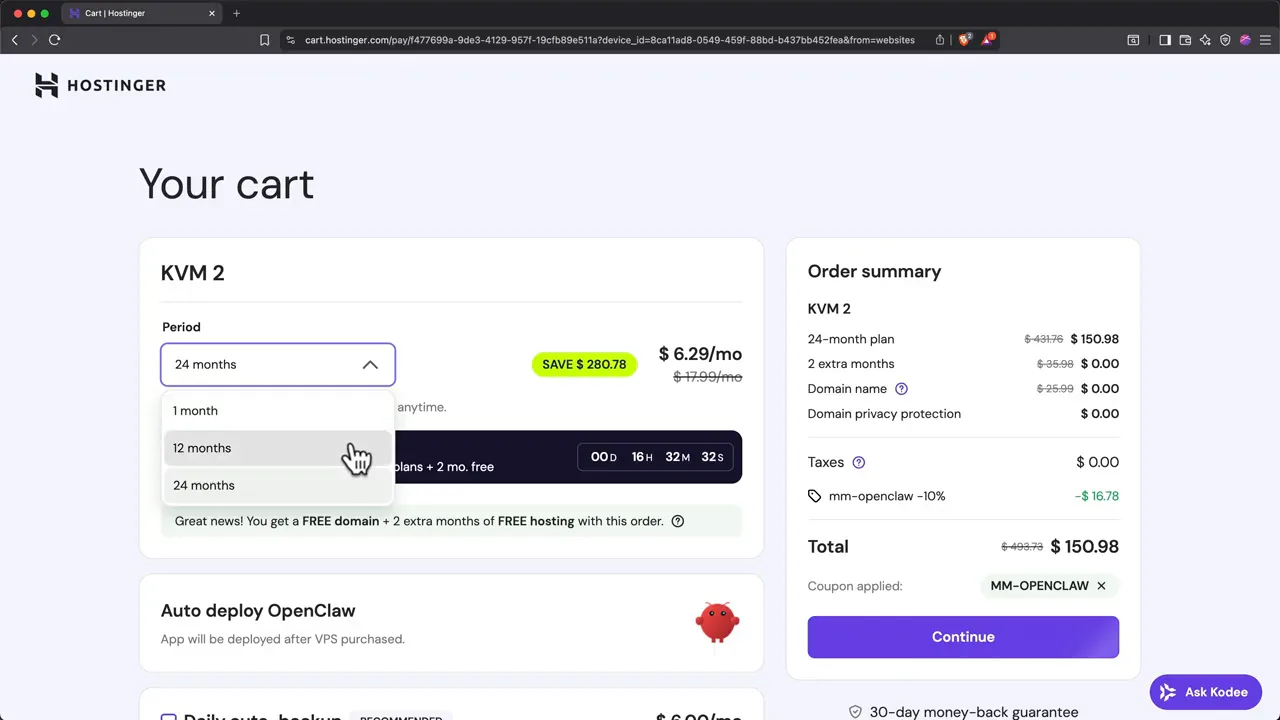 Hostinger checkout showing automatic OpenClaw deployment on a VPS plan
