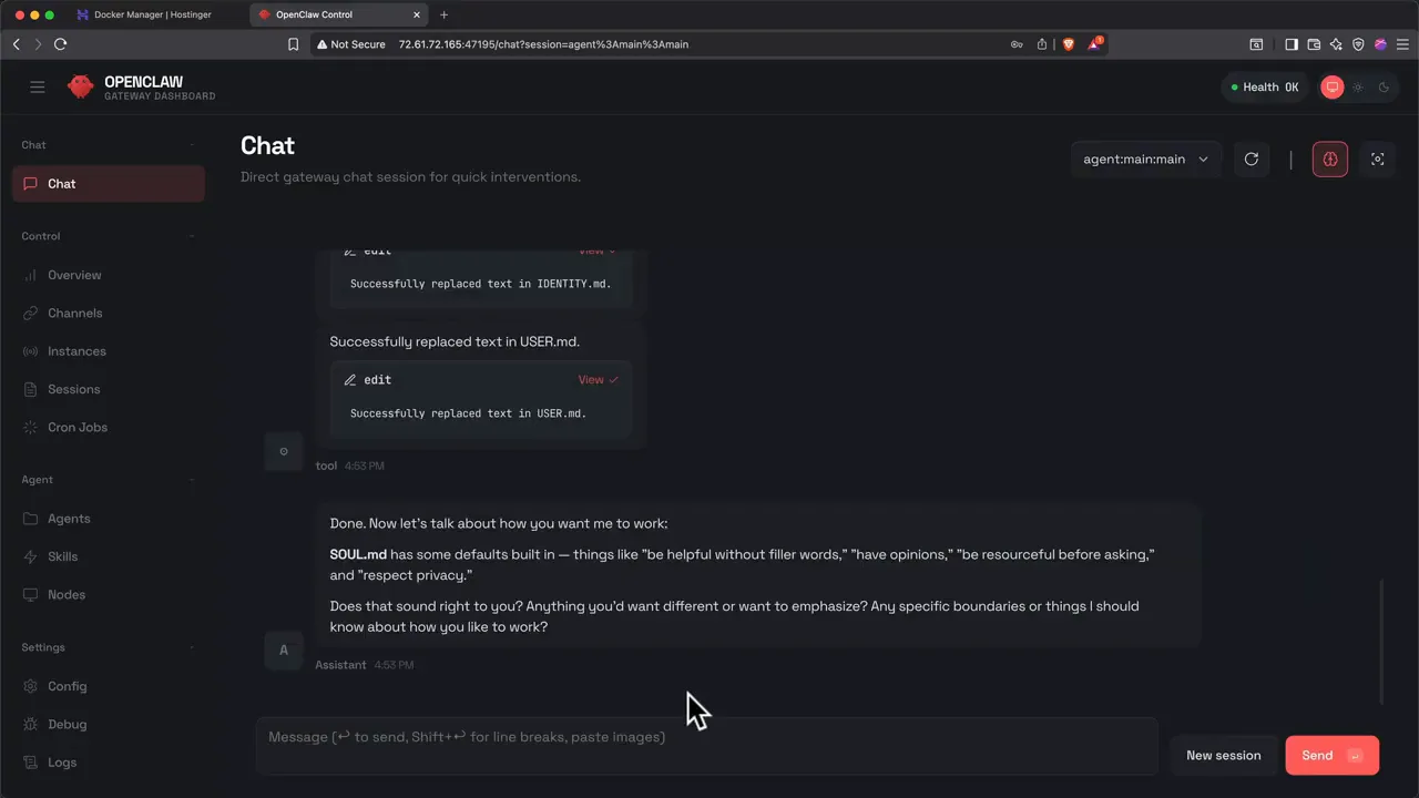 OpenClaw Control UI completing assistant identity and user preference configuration