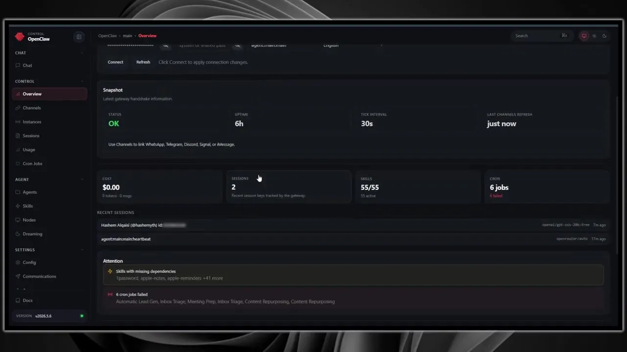 OpenClaw Control UI overview showing gateway status, sessions, skills, cron jobs, and attention warnings