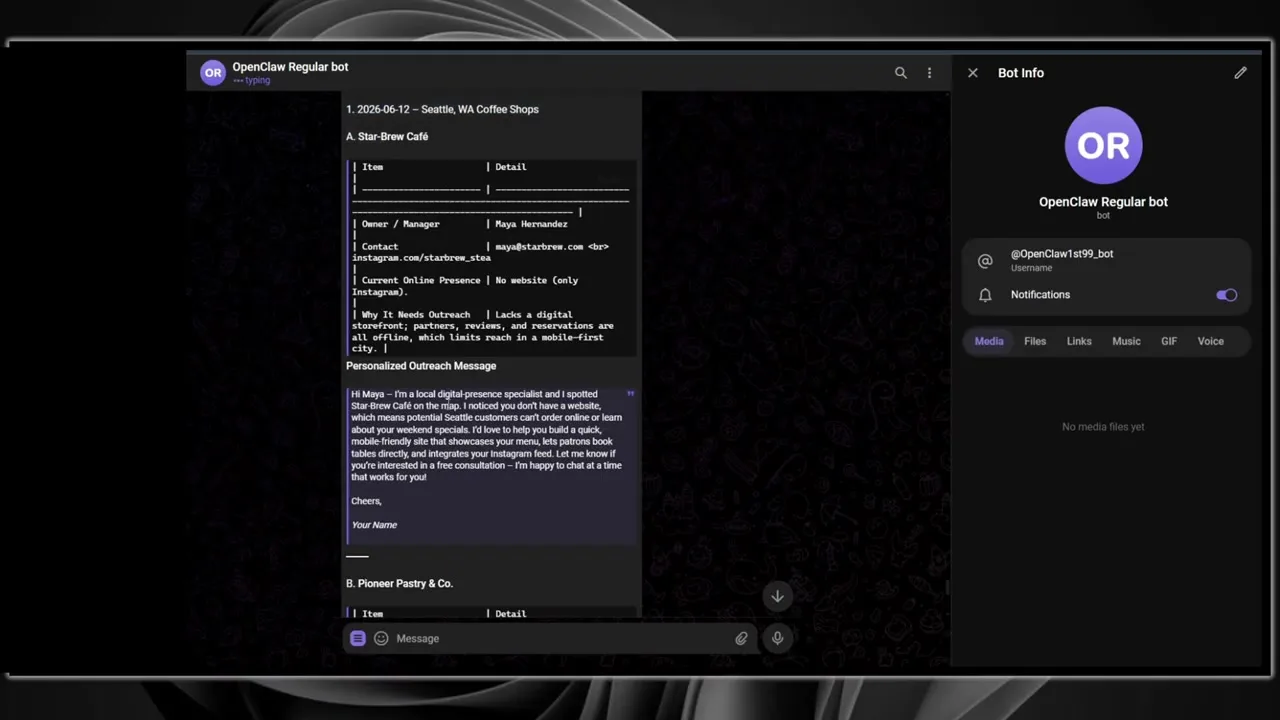 OpenClaw Telegram bot returning structured research and outreach output