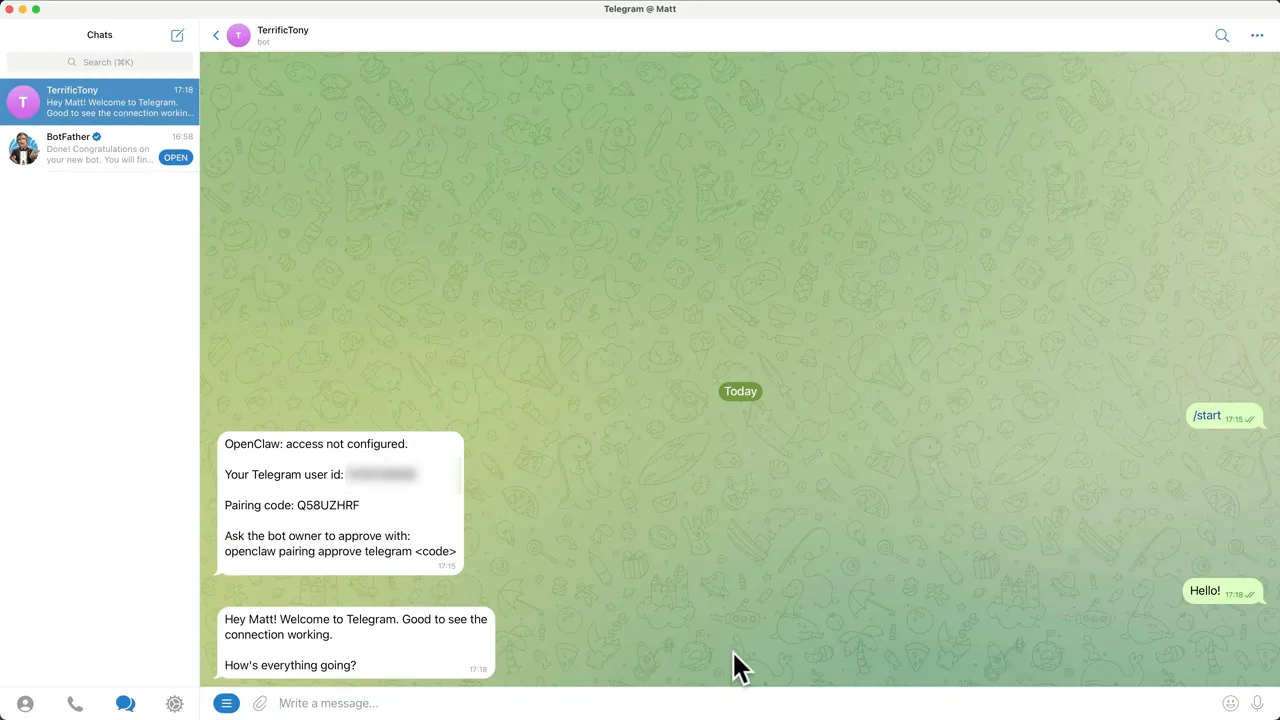 OpenClaw Telegram bot displaying a pairing code and then responding after approval