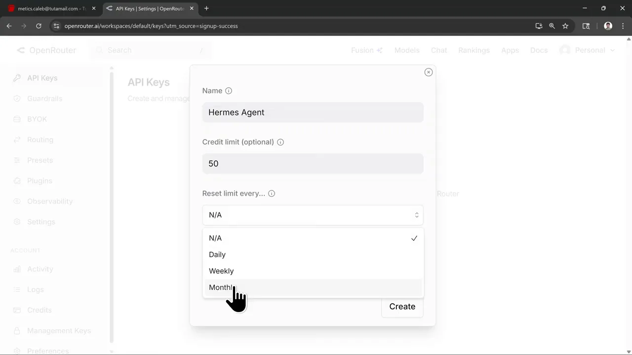 Creating a named OpenRouter API key for Hermes Agent