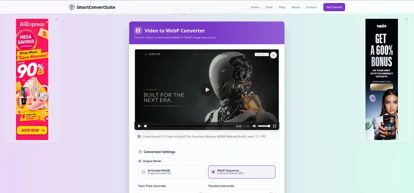 SmartConvertSuite Video to WebP output used for a futuristic frame-sequence website