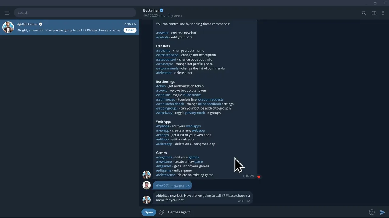 Creating a new Telegram bot with the official BotFather account