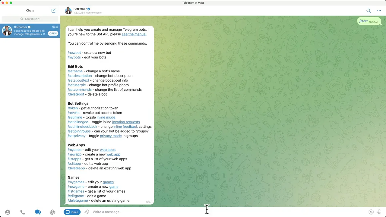 Telegram BotFather commands used to create an OpenClaw bot