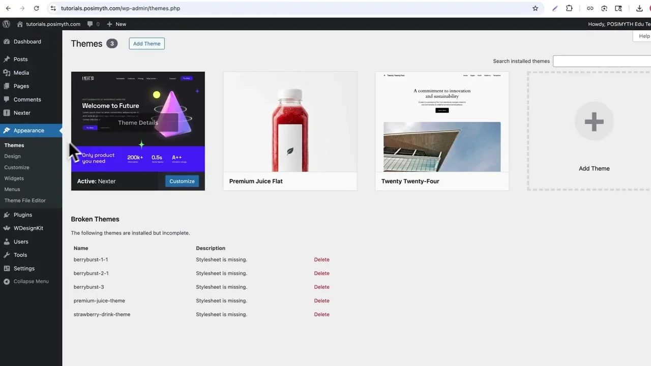 WordPress Themes screen listing broken themes because the stylesheet is missing