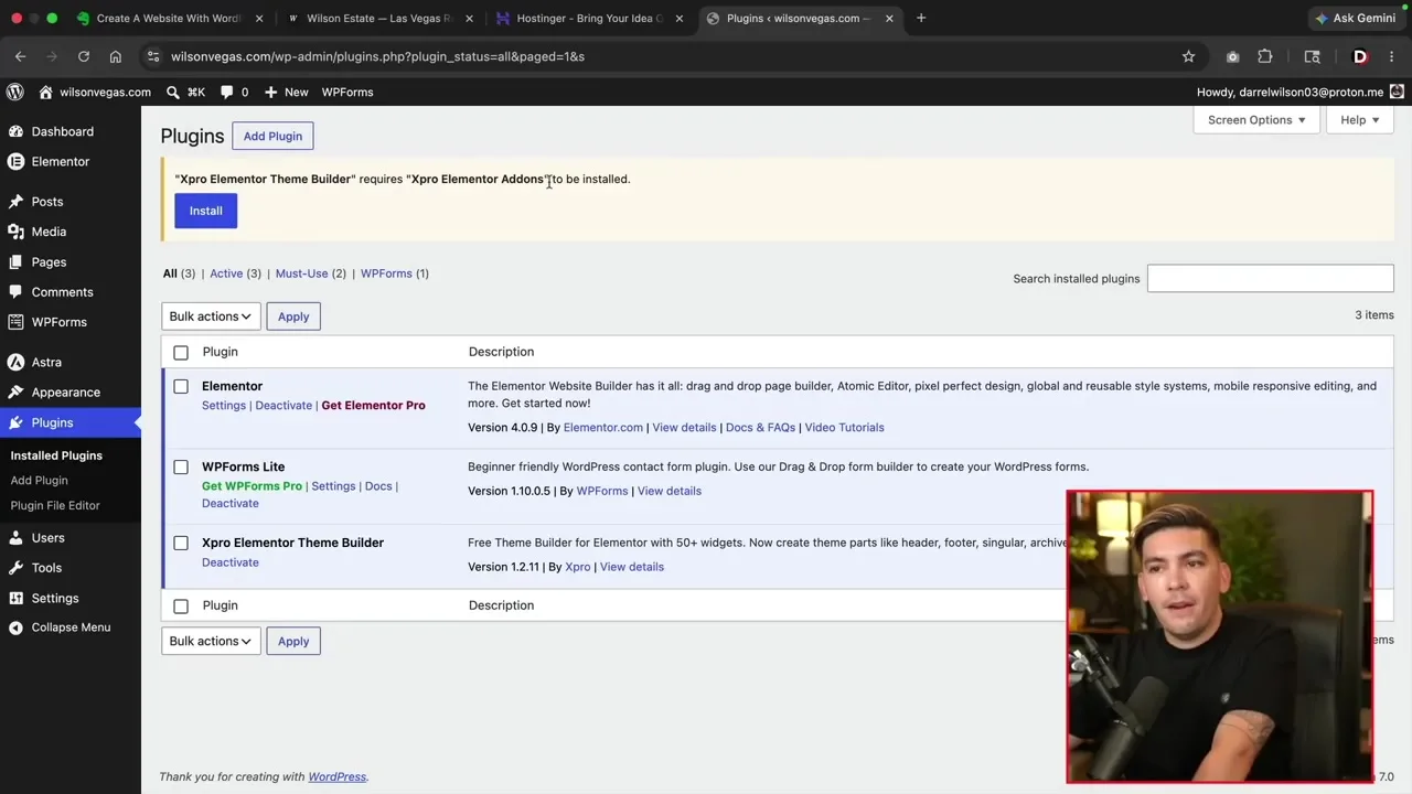WordPress plugins screen with Elementor and form tools installed