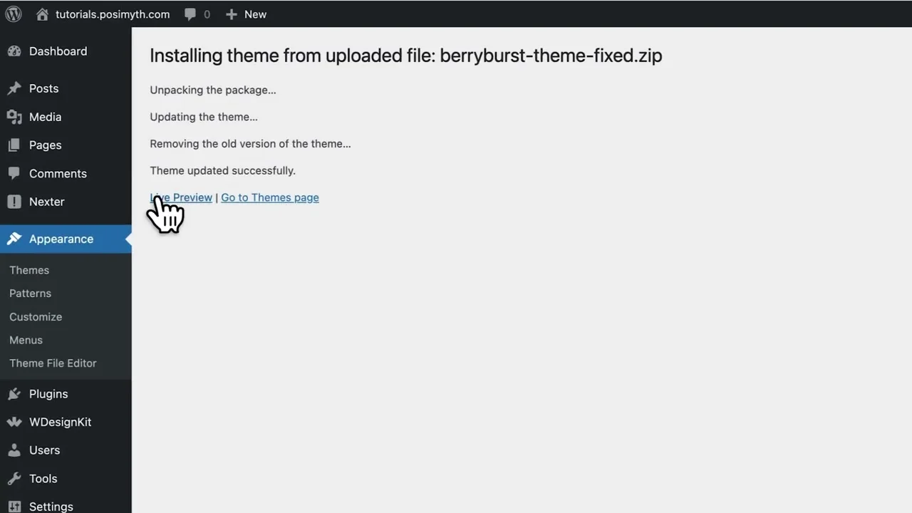 WordPress successfully updating the uploaded BerryBurst theme ZIP
