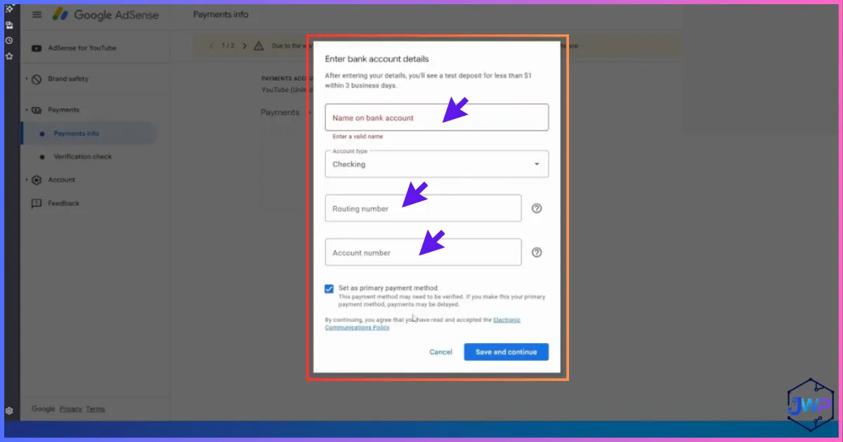 AdSense add payment method step 10 for LLC bank account