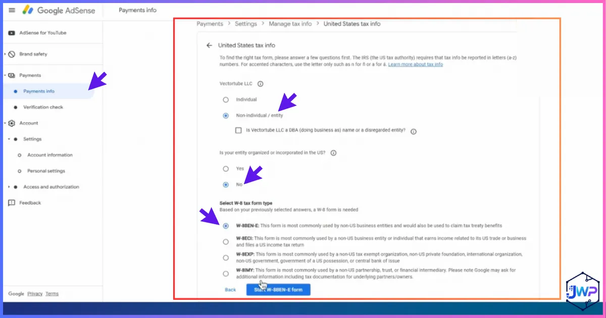 AdSense add tax information step 11 for organization LLC
