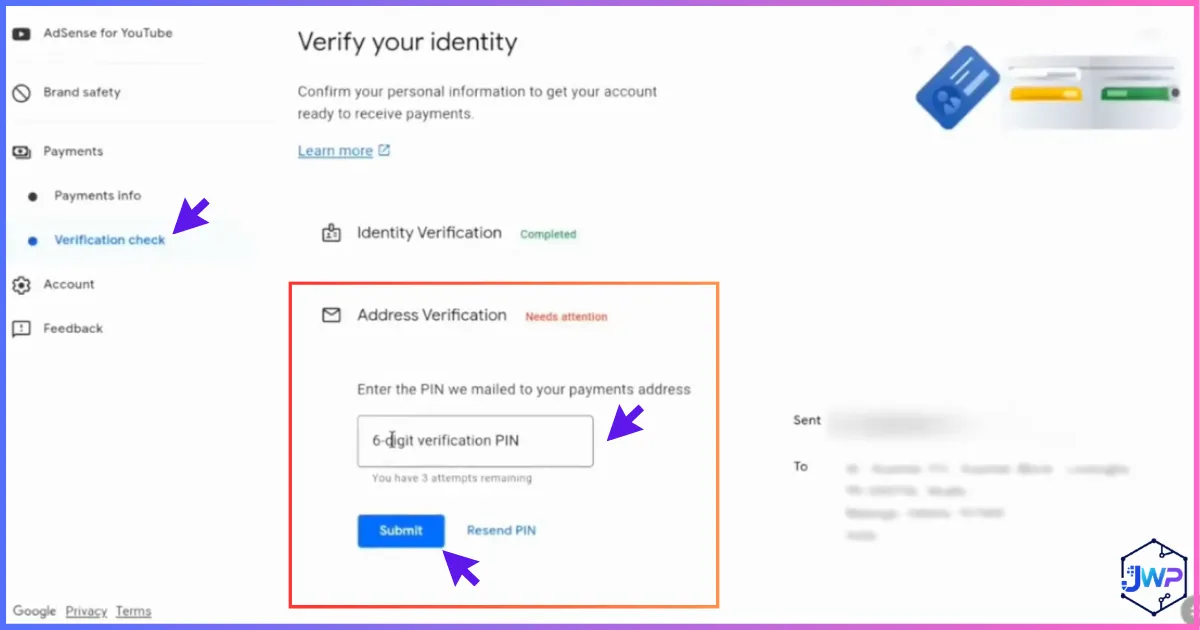 AdSense enter 6-digit PIN step 9