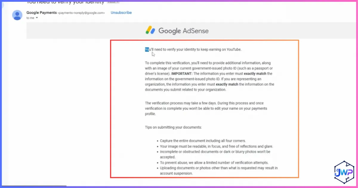AdSense identity verification email step 7