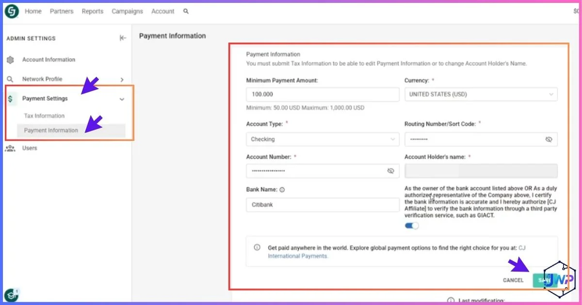 CJ Affiliate save changes after entering payment information screen