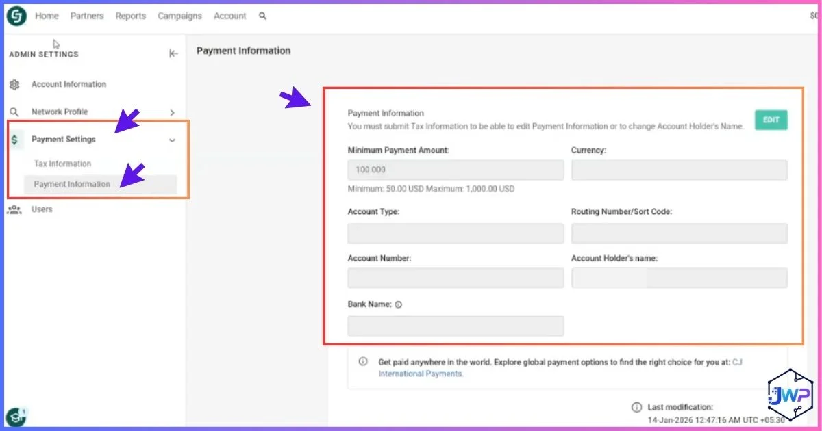 CJ Affiliate go to Payment then Payment Information screen